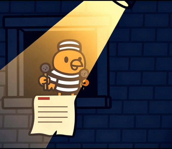 A bird in a prison uniform holding a microphone in a lit cell window, with a rap sheet scroll hanging below
